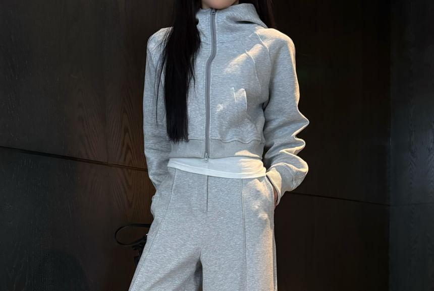 Stand Collar Crop Zip Hoodie / High Waist Wide Leg Sweatpants Product Image