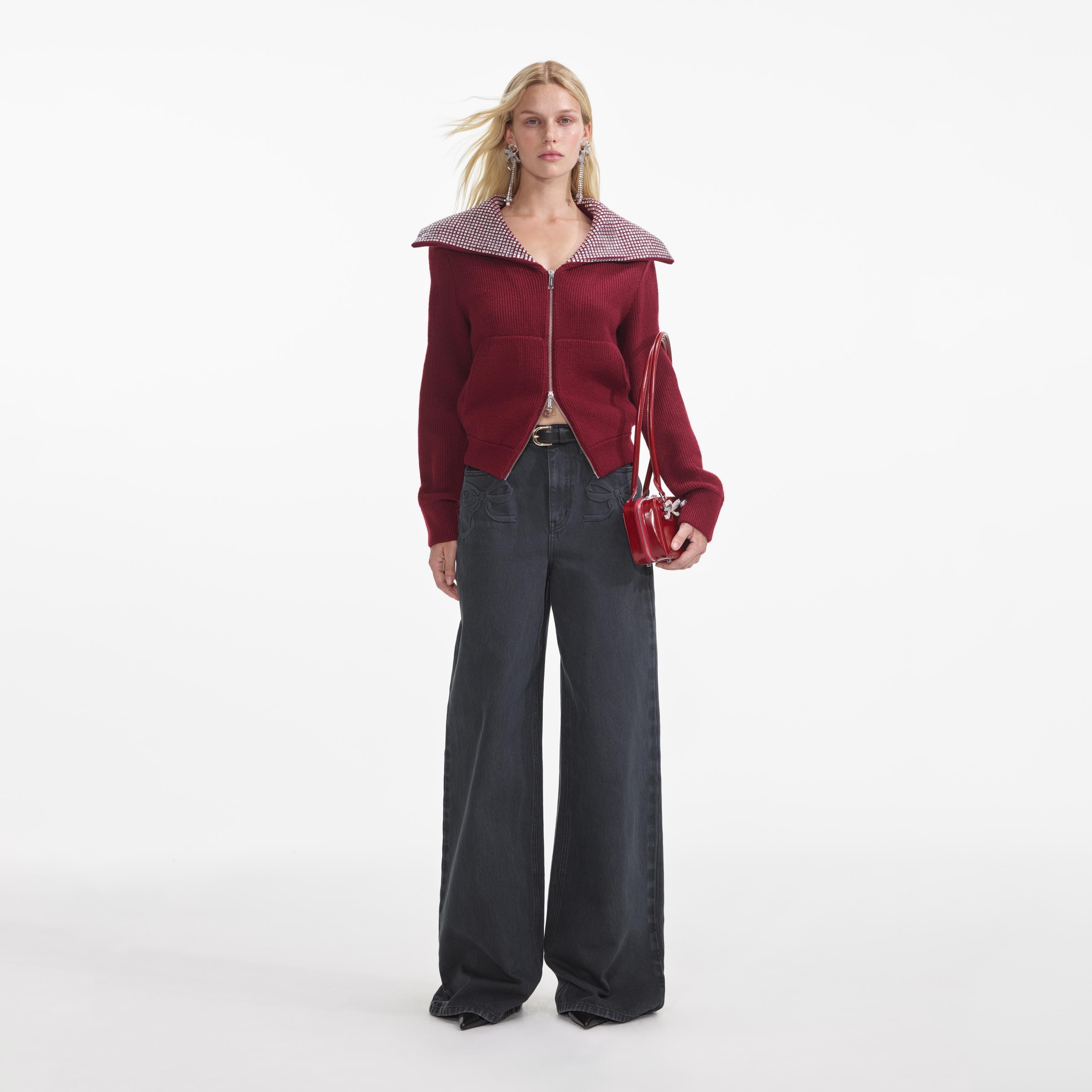 Burgundy Diamante Collar Knit Jacket Product Image