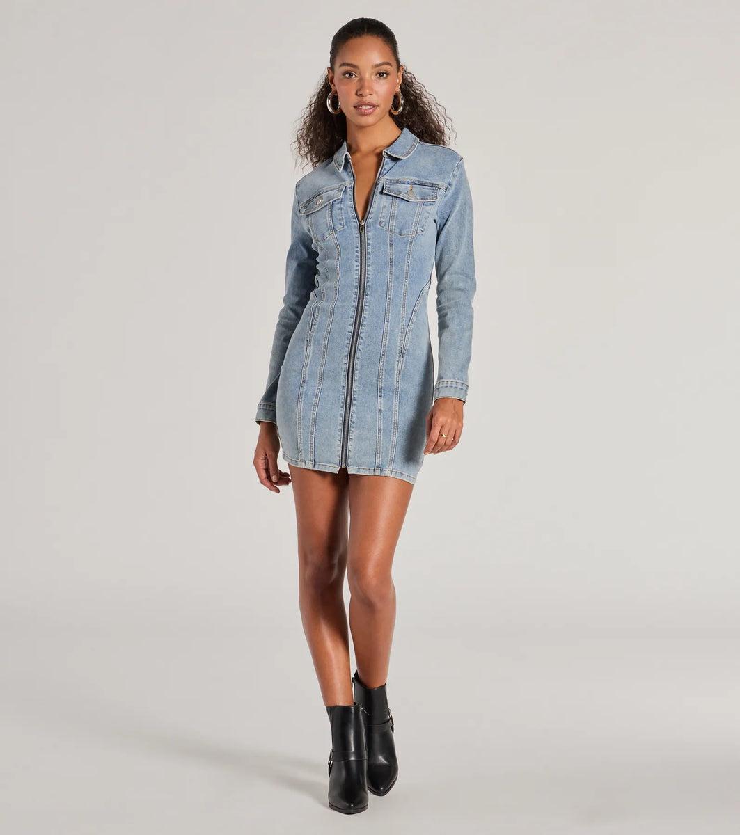 Sweet Looking Long Sleeve Denim Mini Dress Product Image