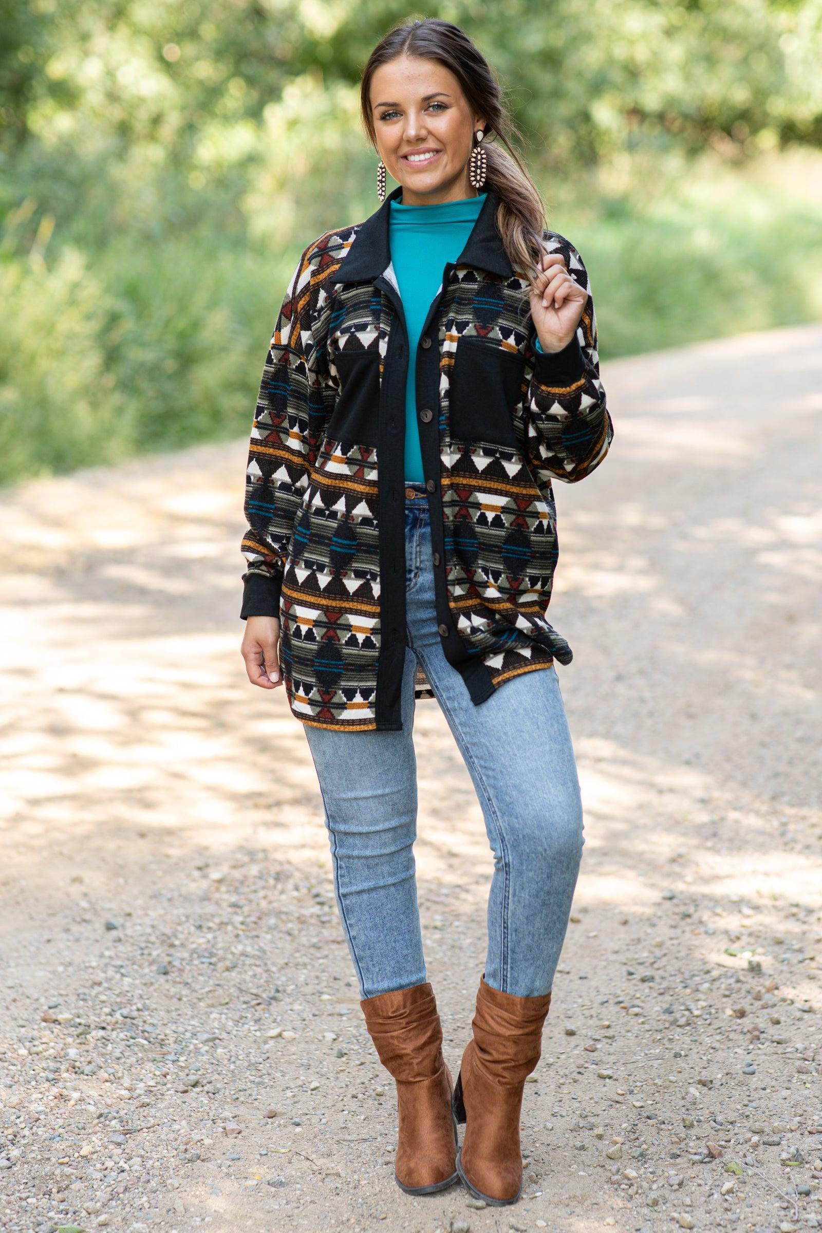 Black Aztec Print Knit Lightweight Shacket Product Image