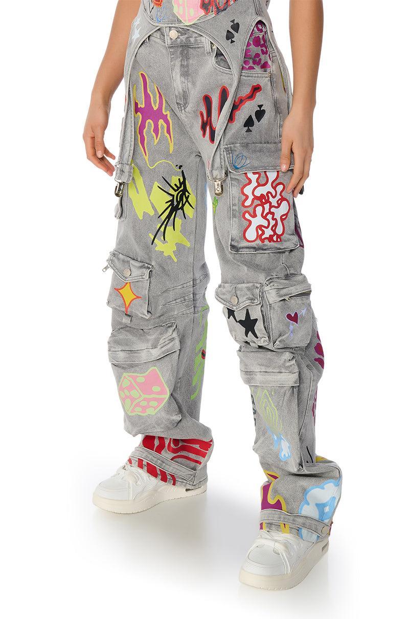 GRAFFITI DETAIL RELAXED LEG CARGO JEANS Product Image