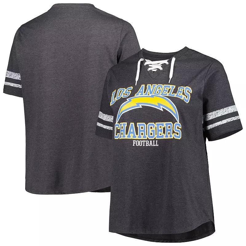 Womens Fanatics Branded Heather Charcoal Los Angeles Chargers Plus Size Lace-Up V-Neck T-Shirt Product Image