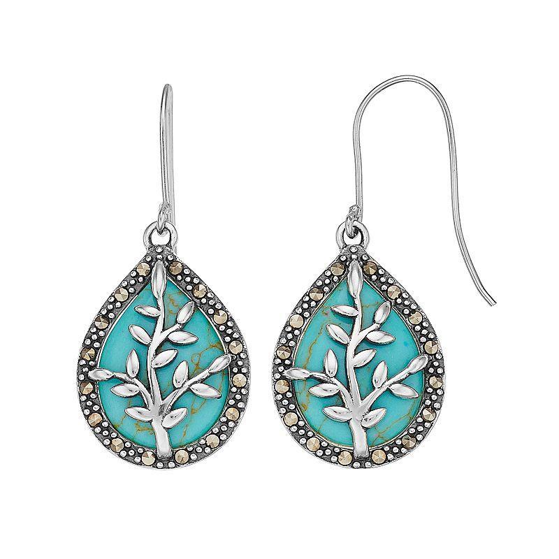 Tori Hill Sterling Silver Simulated Turquoise & Marcasite Tree Dangle Earrings, Womens Product Image