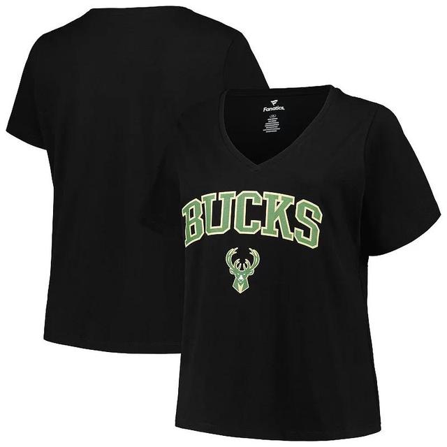 Womens Profile Black Milwaukee Bucks Plus Size Arch Over Logo V-Neck T-Shirt Product Image