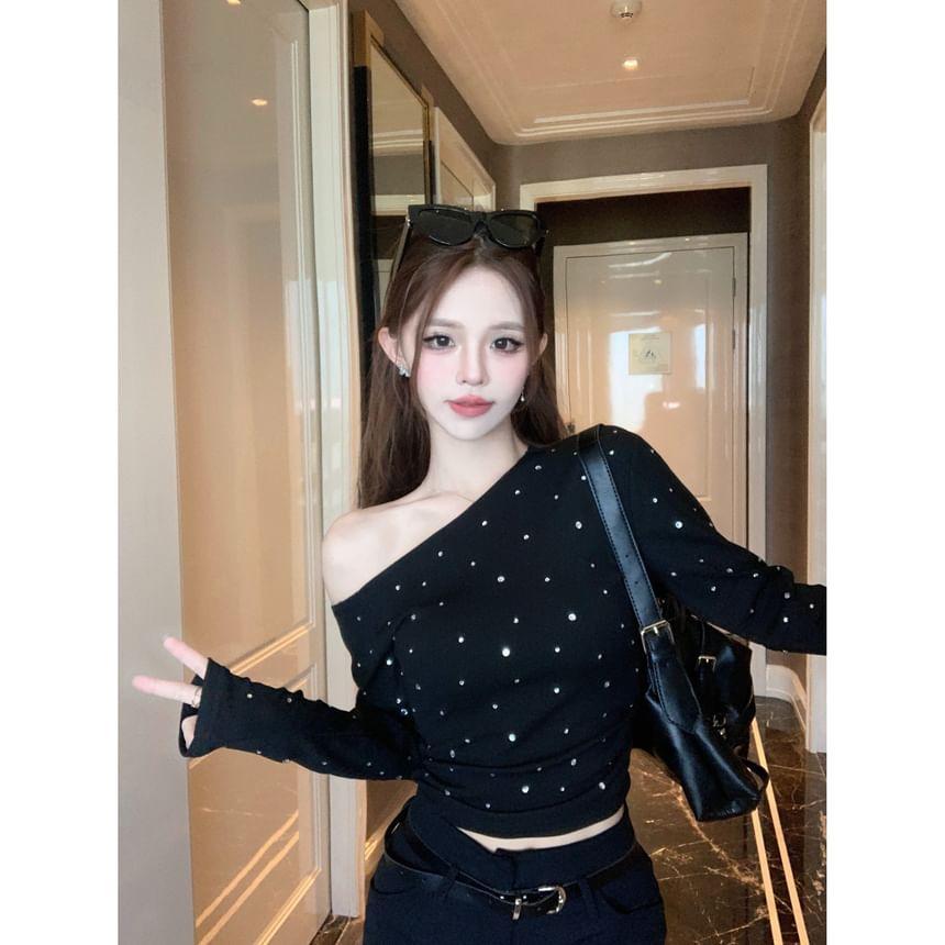 One Shoulder Long Sleeve Rhinestone Crop Top product image