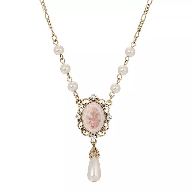 1928 Gold Tone Faux Pearl Crystal Flower Pendant Necklace, Womens, White Product Image