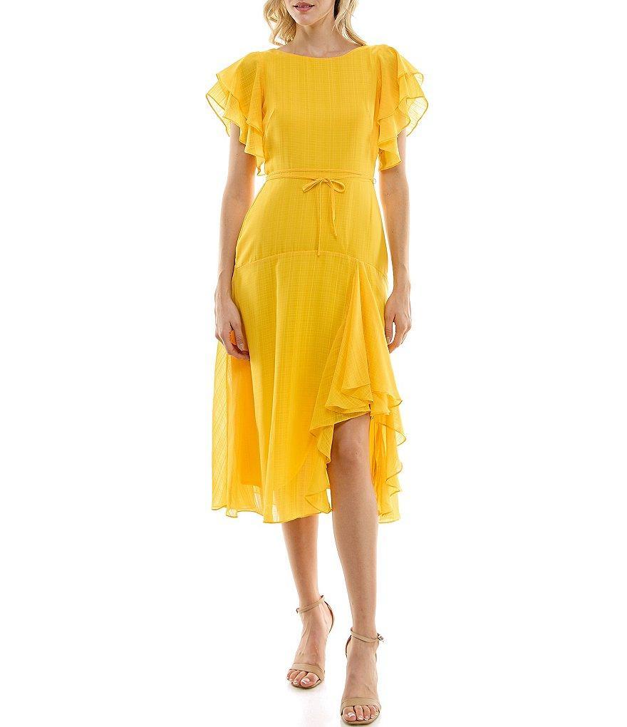 Maison Tara Short Flutter Sleeve Ruffle Skirt Tie Waist Boat Neck Chiffon Midi A-Line Dress Product Image