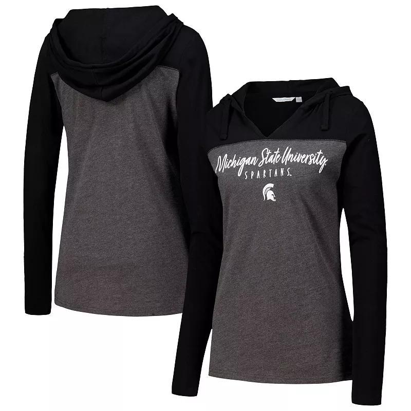 Womens Heather Charcoal Michigan State Spartans Knockout Color Block Hoodie V-Neck Long Sleeve T-Shirt Product Image