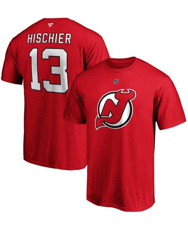 Mens Fanatics Branded Nico Hischier Red New Jersey Devils Team Authentic Stack Name & Number T-Shirt Product Image