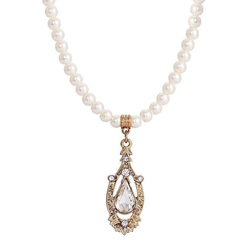 1928 Gold Tone Crystal Pear-Shaped Pendant Simulated Pearl Necklace, Womens Product Image