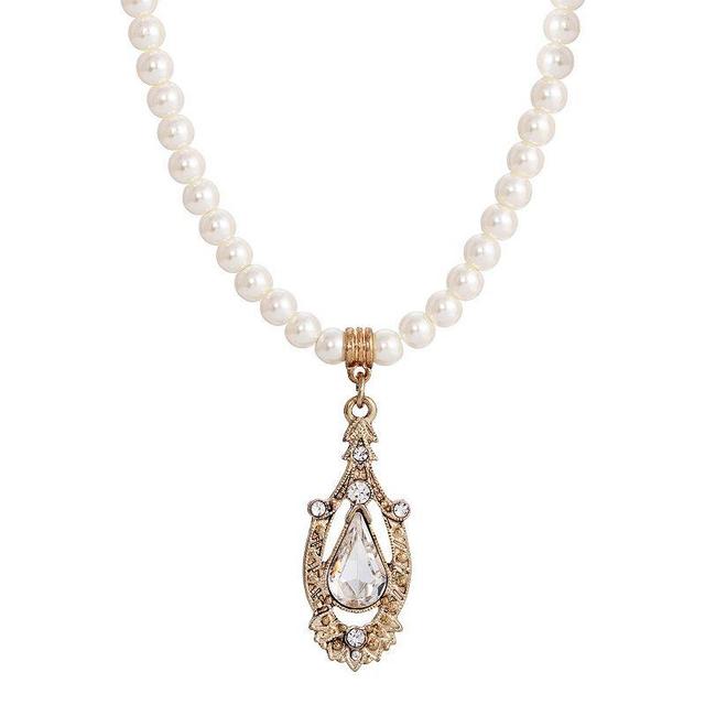 1928 Gold Tone Crystal Pear-Shaped Pendant Simulated Pearl Necklace, Womens Product Image