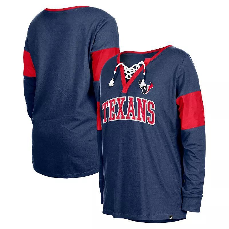 Womens New Era Houston Texans Lace-Up Notch-Neck Long Sleeve T-Shirt Blue Product Image