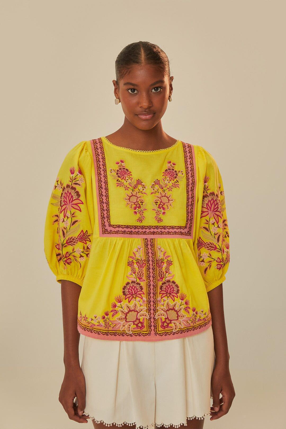 Yellow Garden Tapestry Embroidered Blouse, GARDEN TAPESTRY YELLOW / XS Product Image