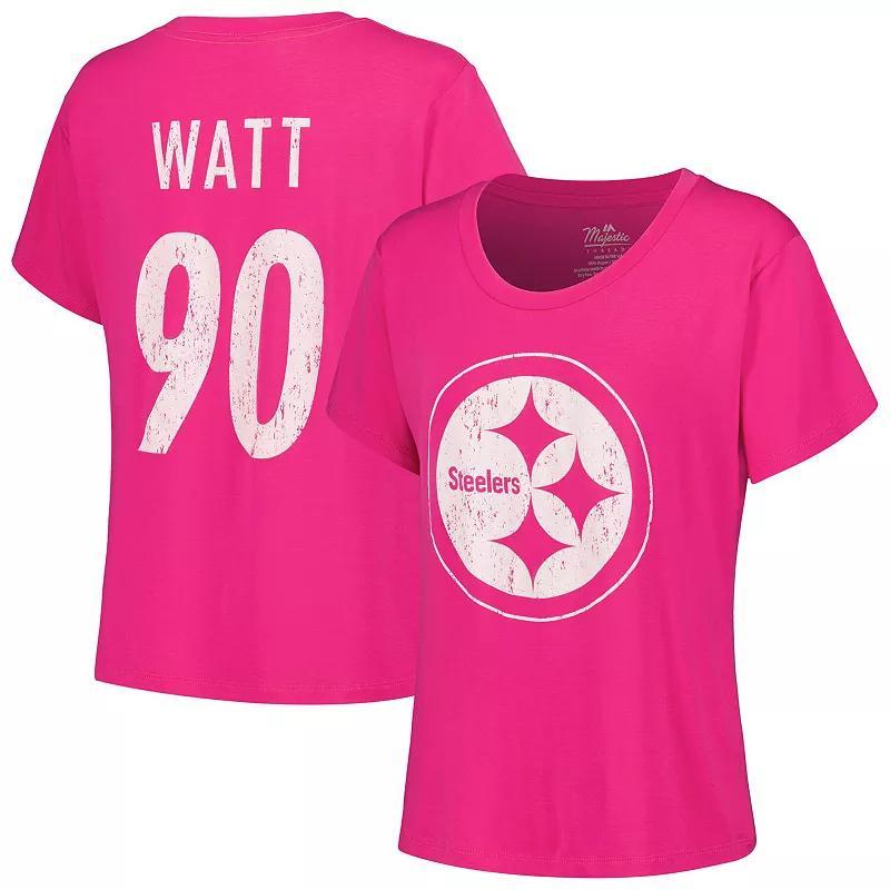 Womens Majestic Threads T.j. Watt Pink Distressed Pittsburgh Steelers Name and Number T-shirt Product Image