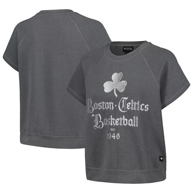 Womens The Wild Collective Gray Boston Celtics Embroidered Fleece Raglan Short Sleeve Pullover Sweatshirt Product Image