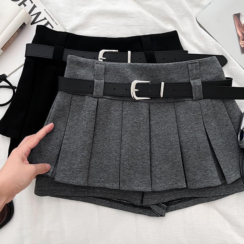 High Waist Plain Pleated Mini Skorts With Belt Product Image