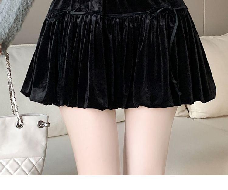 Elastic Waist Plain Bow Gathered Velvet Mini A-Line Skirt Product Image