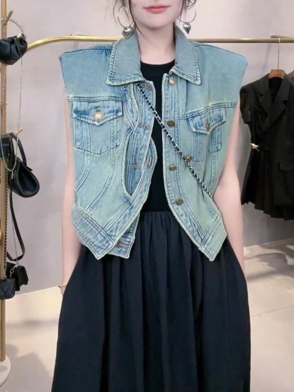 Loose Sleeveless Asymmetric Buttoned Pockets Split-Joint Lapel Collar Vest Outerwear Product Image