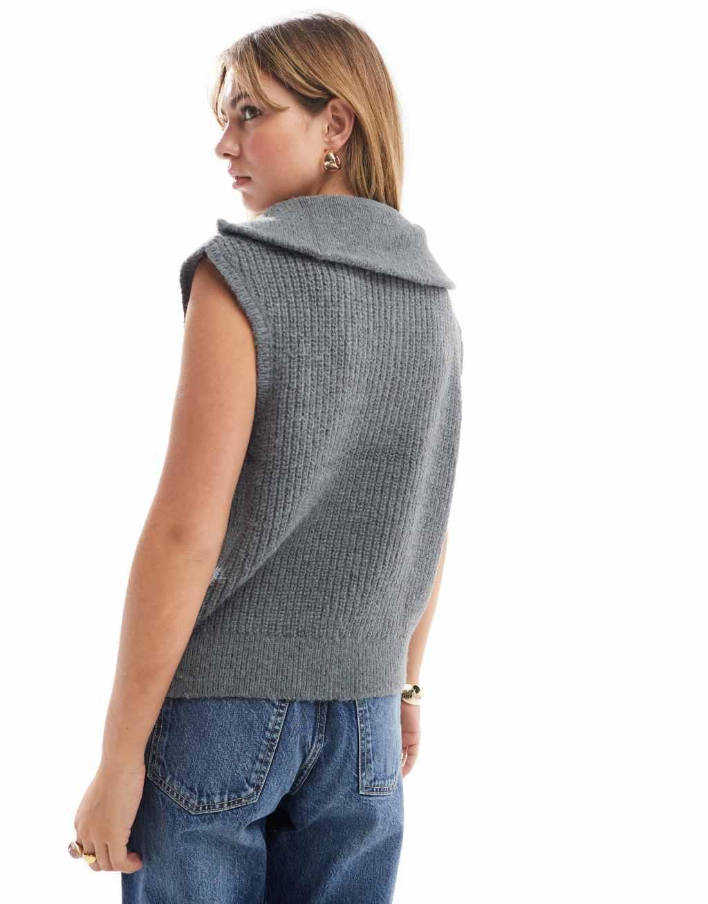 ASOS DESIGN knitted zip through tank top in charcoal Product Image