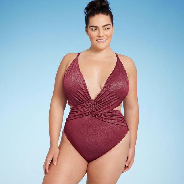 Womens Monokini Plunge Cut Out High Leg Lurex One Piece Swimsuit - Shade & Shore Burgundy Product Image