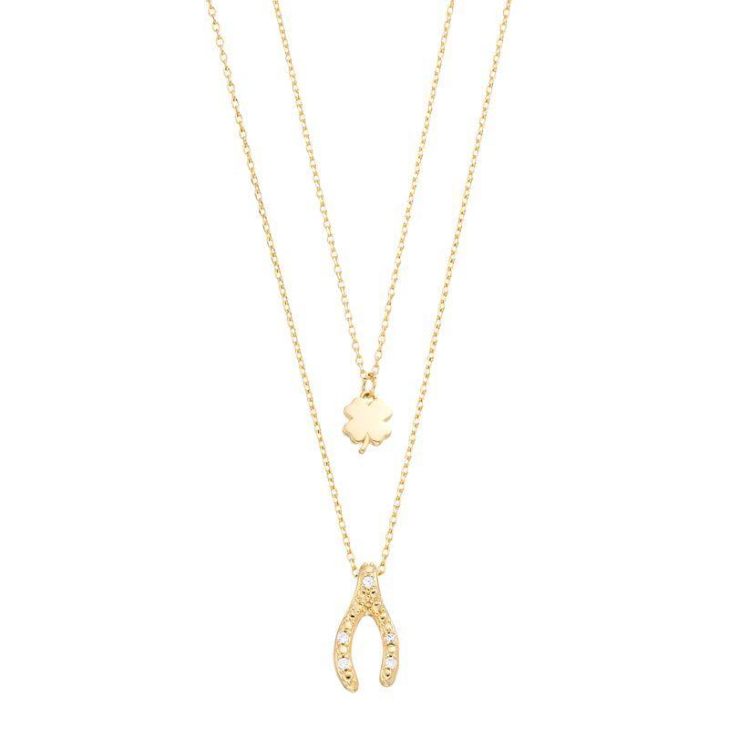 City Luxe Cubic Zirconia Gold Tone Four-Leaf Clover & Wishbone Duo Pendant Necklace Set, Womens, Gold Tone Clear Product Image