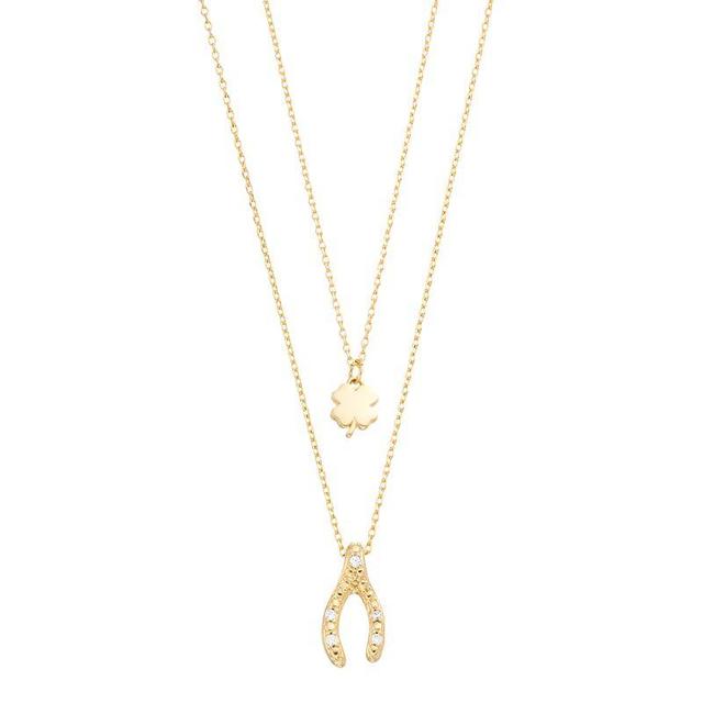 City Luxe Cubic Zirconia Gold Tone Four-Leaf Clover & Wishbone Duo Pendant Necklace Set, Womens, Gold Tone Clear Product Image