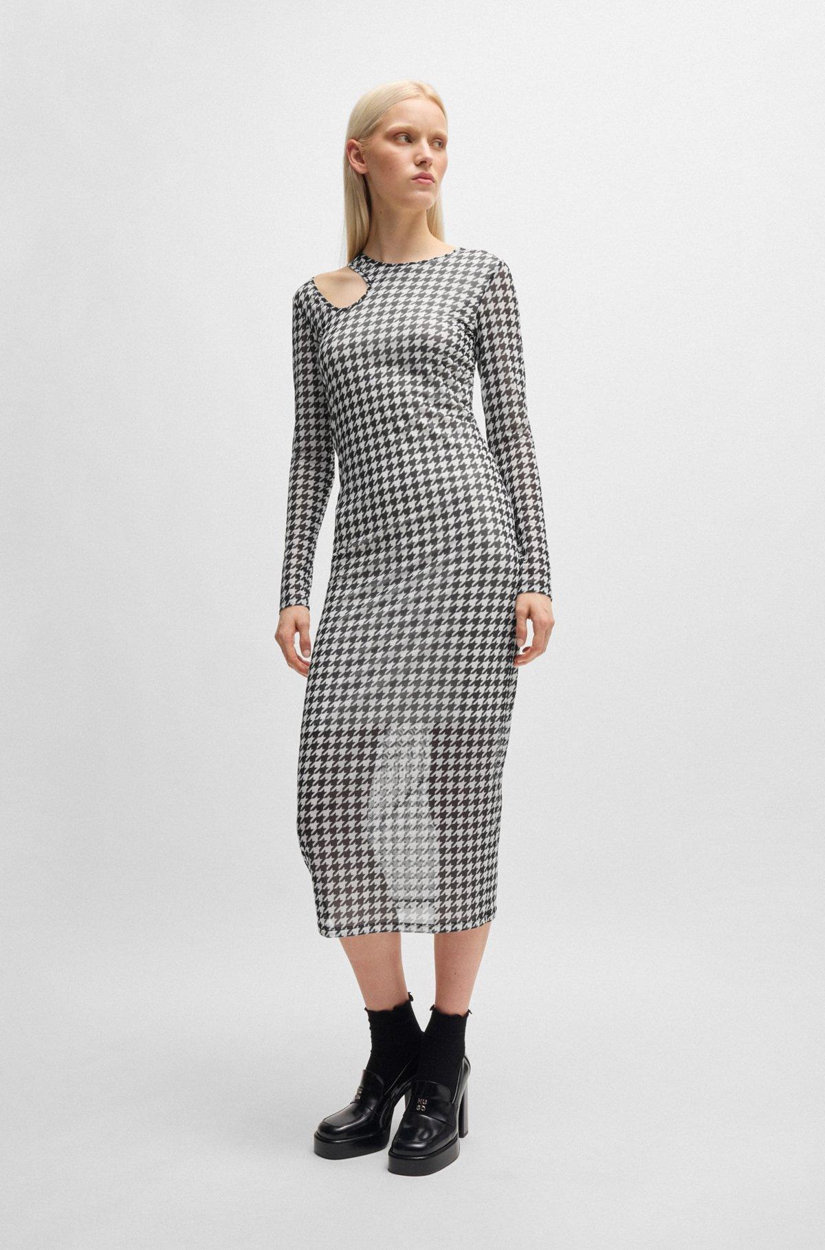 Houndstooth mesh midi dress with cut-out neckline product image