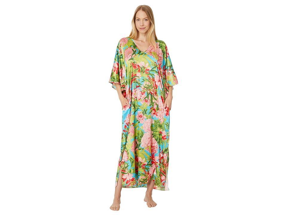 N by Natori Enchanted Peony - Satin 52 Caftan (Aqua ) Women's Pajama Product Image