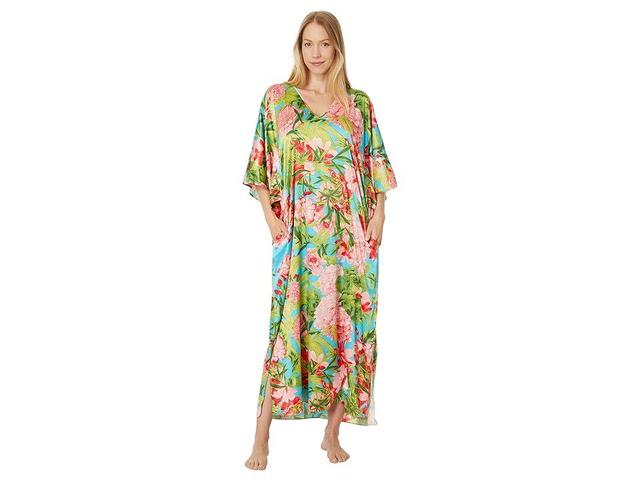 N by Natori Enchanted Peony - Satin 52 Caftan (Aqua ) Women's Pajama Product Image