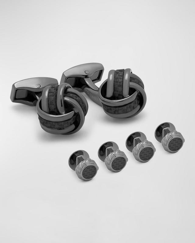 Mens Carbon Fibre Knot Cuff Link Stud Set Product Image