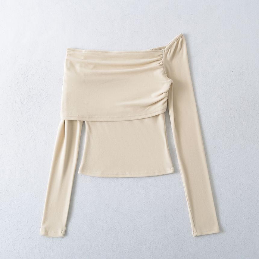 Long Sleeve Off Shoulder Plain Ruched Crop T-Shirt Product Image