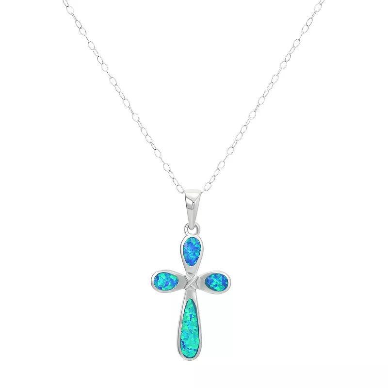 Sterling Silver Simulated Blue Opal Cross Pendant Necklace, Womens Product Image