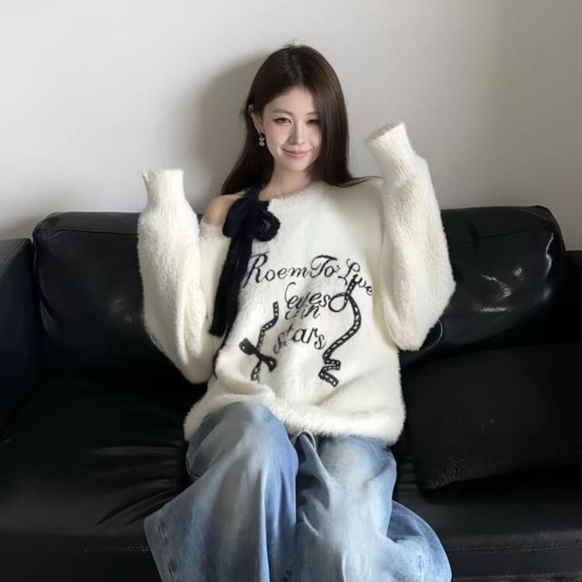 Cold-Shoulder Lettering Oversized Sweater Product Image