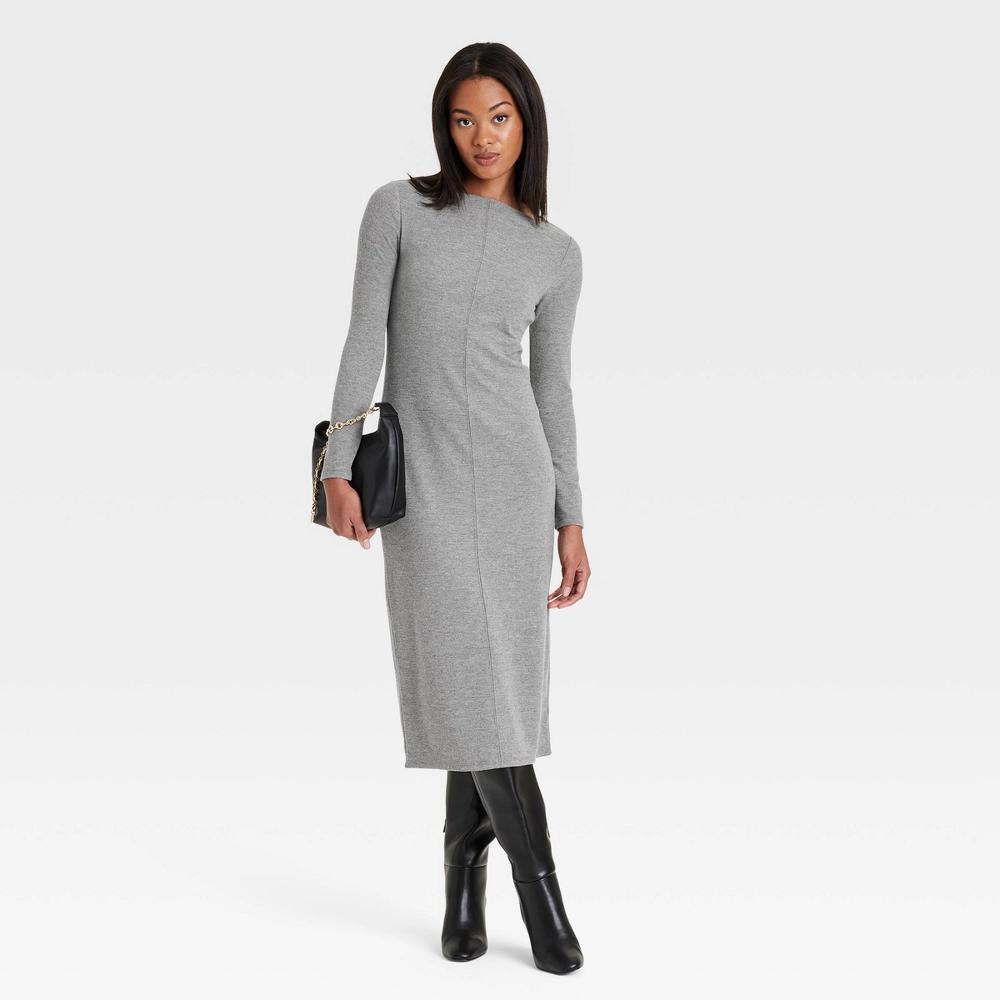 Women's Long Sleeve Knit Midi Shift Dress - A New Day™ Gray Product Image