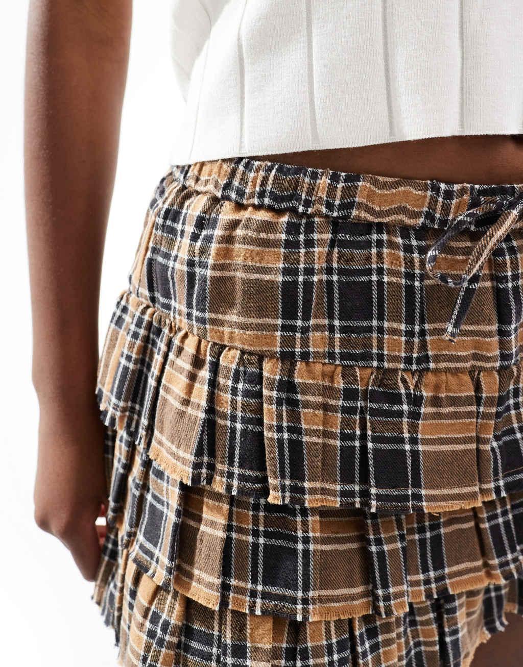 Bershka tie waist tiered mini skirt in brown plaid Product Image