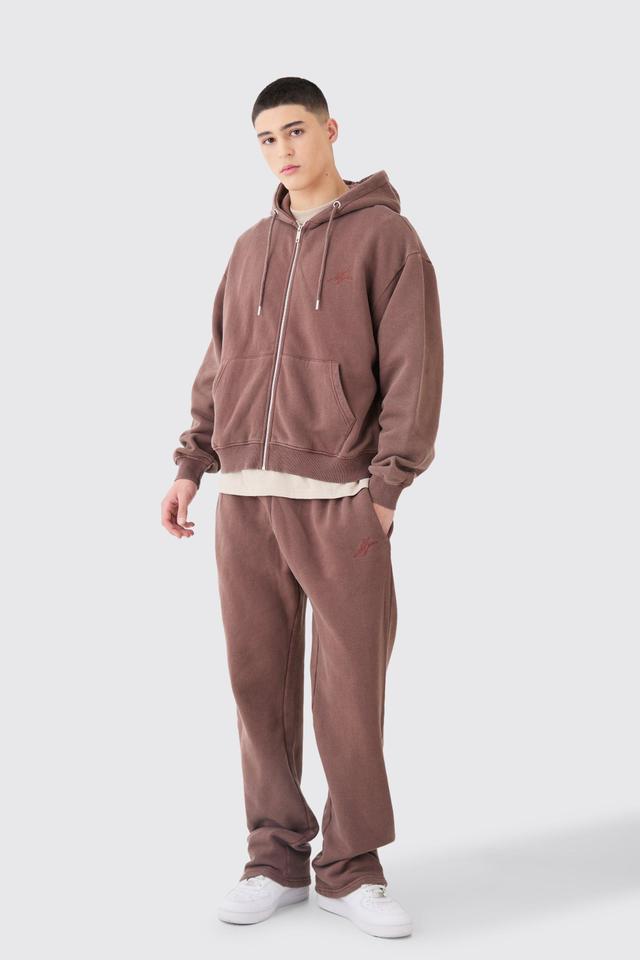 Mens Brown Oversized Man Boxy Zip Hooded Washed Tracksuit, Brown Product Image