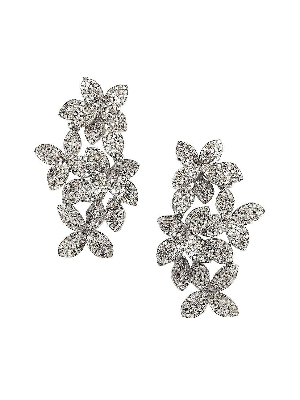 Womens 14K Yellow Gold & Black Rhodium Silver Diamond Floral Earrings Product Image