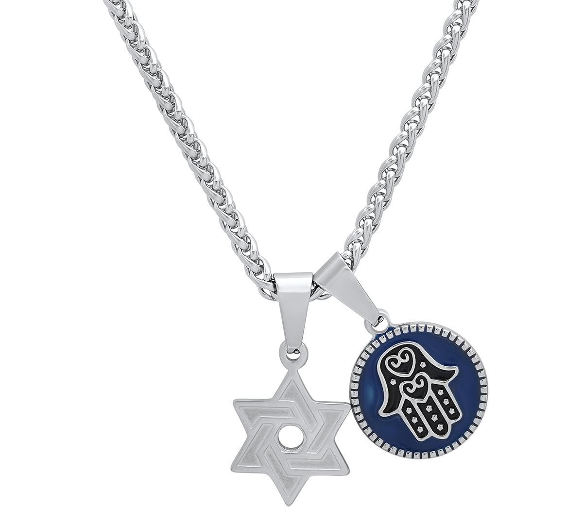 Steeltime Mens 18K Gold Plated Star of David & Hamsa Round Pendant Necklace, 24 - White, Blue Product Image