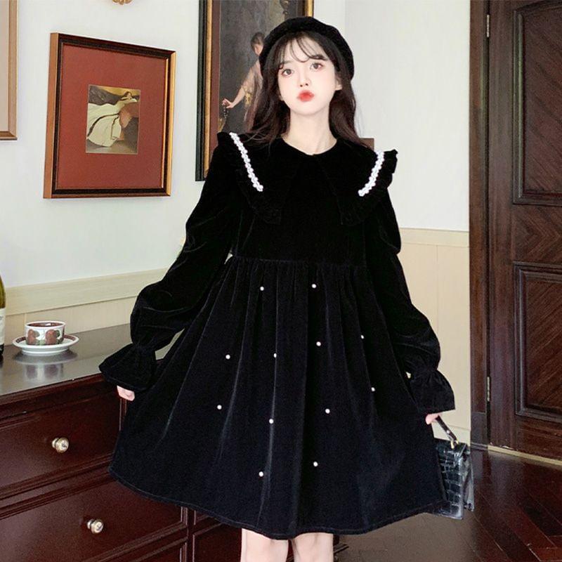 Flared-Cuff Faux Pearl Ruffled Mini A-Line Velvet Dress Product Image