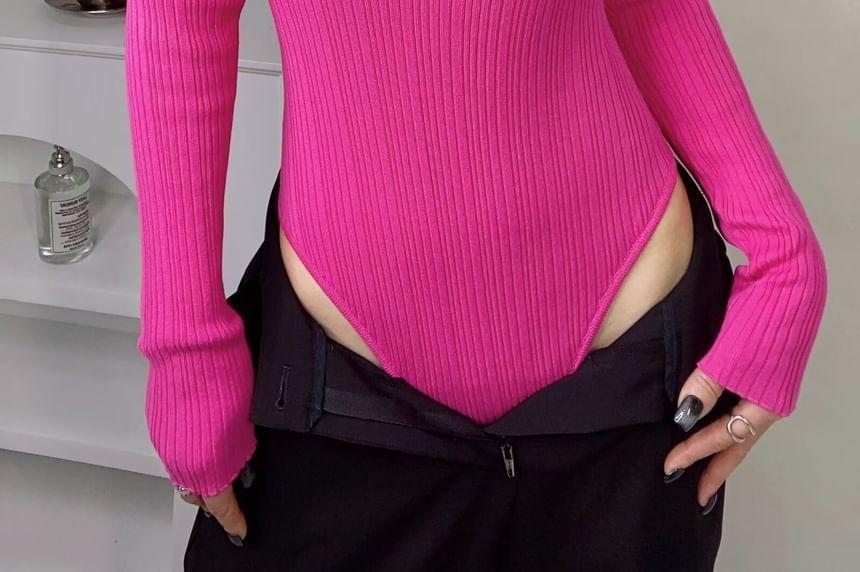 Long-Sleeve Mock Neck Plain Ribbed Knit Bodysuit Top Product Image