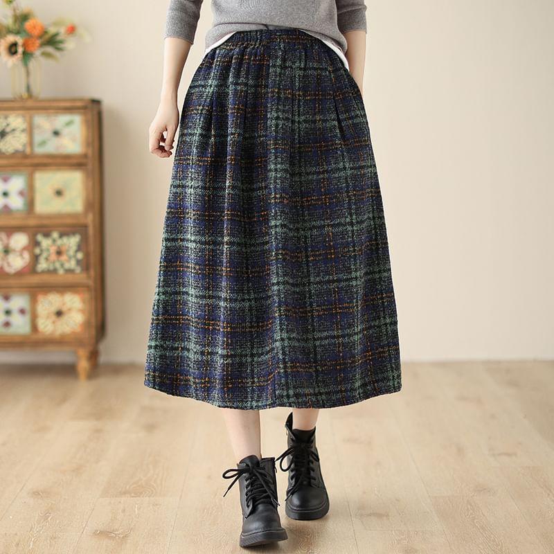 High Waist Plaid Midi A-Line Skirt Product Image