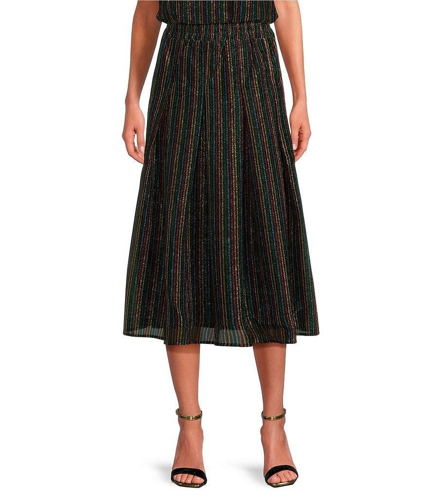 Buru Party Brocade Woven Shimmer High-Rise Pull-On Pocketed A-Line Coordinating Midi Skirt Product Image