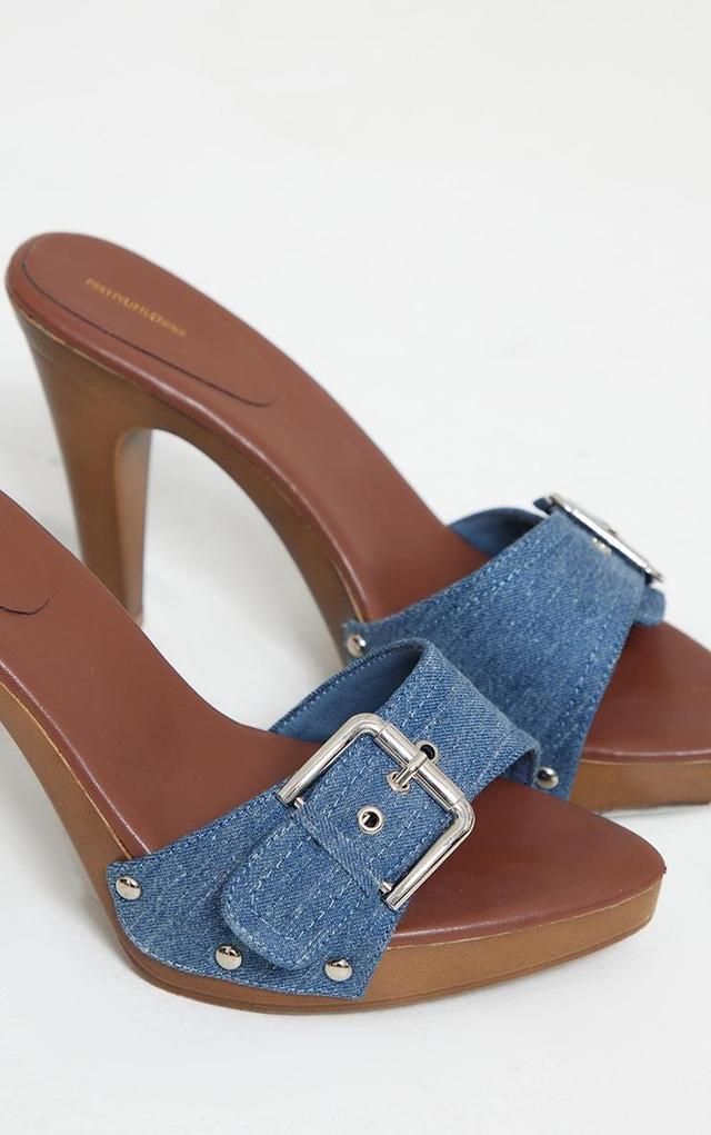 Blue Denim Buckle Detail Vintage High Heeled Mules Product Image