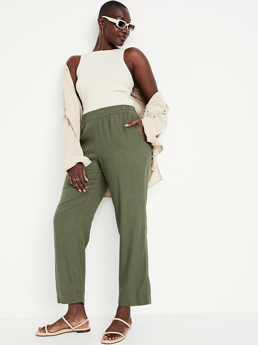 High-Waisted Linen-Blend Straight Pants Product Image