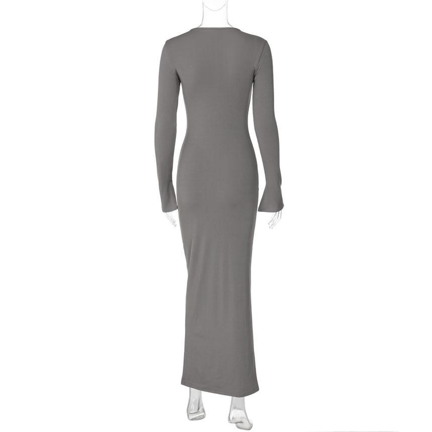 Long-Sleeve Round Neck Plain Cutout Maxi Sheath Dress Product Image