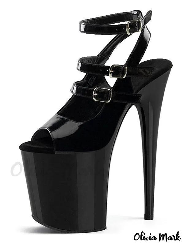 Olivia Mark – Exquisite Black PU Leather Open Toe Stiletto Heel Sandals – Striking Pole Dance Shoes with Sky High Heel and Ankle Strap Product Image