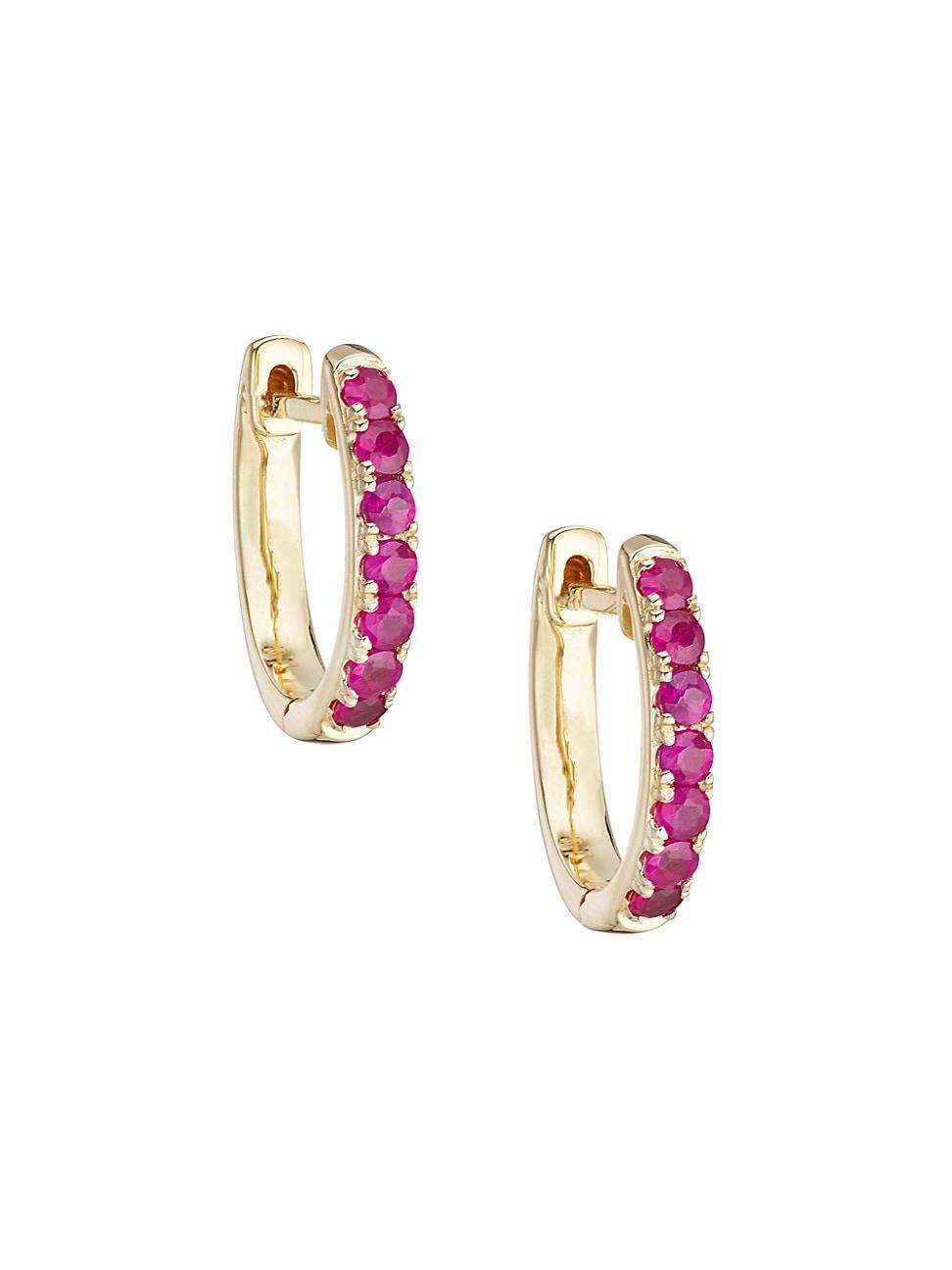 Womens 14K Yellow Gold & Ruby Huggie Earrings Product Image