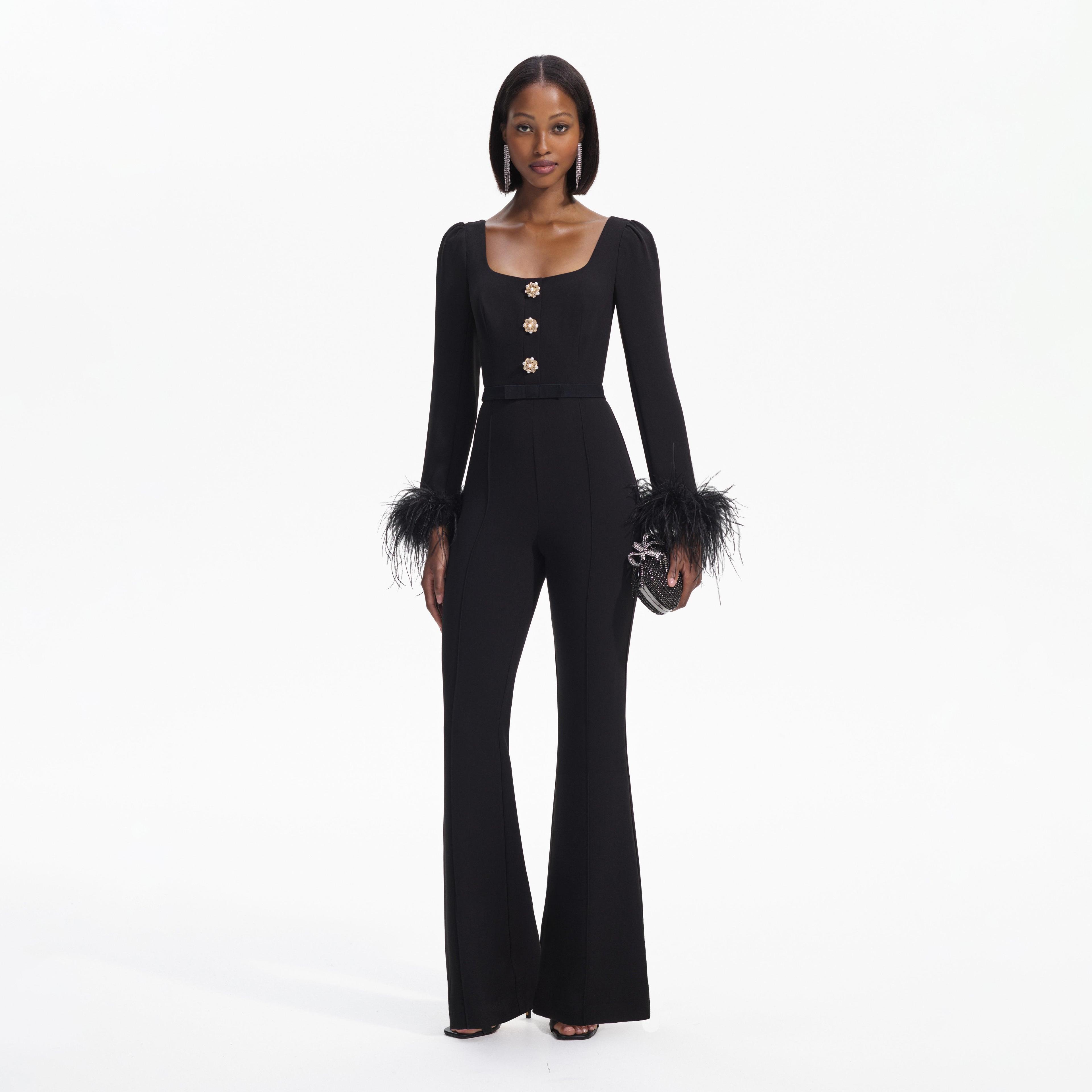 Black Crepe Feather Jumpsuit Product Image