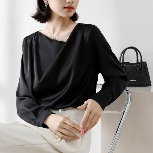 Cowl Neck Long Sleeve Plain Blouse Product Image