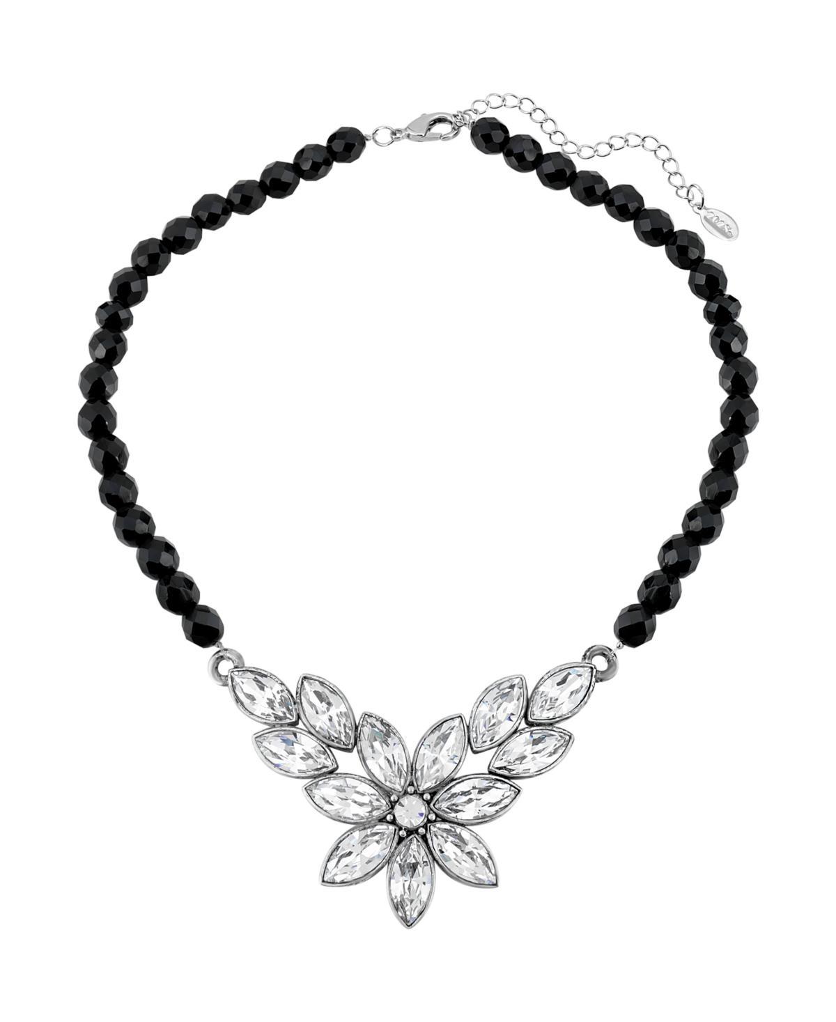 1928 Silver Tone Simulated Crystal Flower Frontal Necklace, Womens, Black Product Image